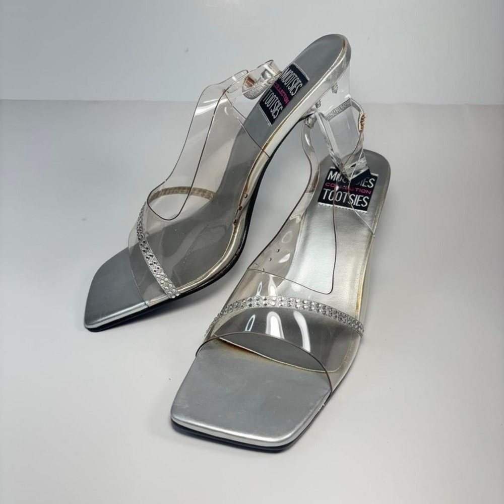 Vtg Clear Silver Square‎ Toe Clear Heel Rhinestone Studded Strap Detail Y2K 7.5